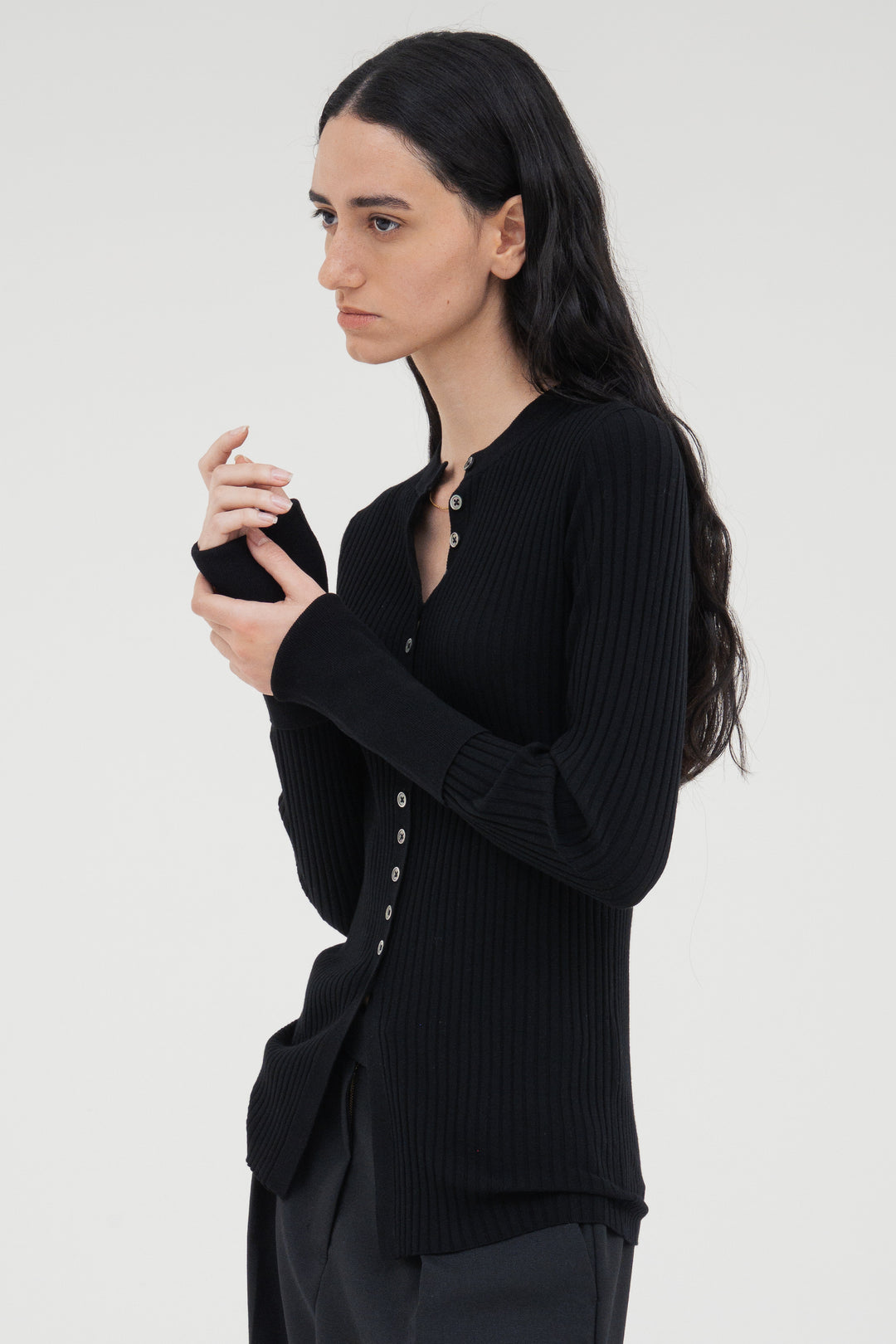 Long Sleeve Rib Cardigan / Black