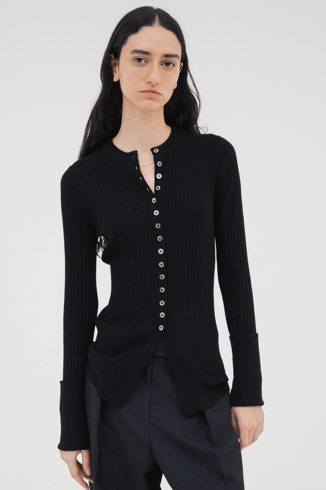 Long Sleeve Rib Cardigan / Black
