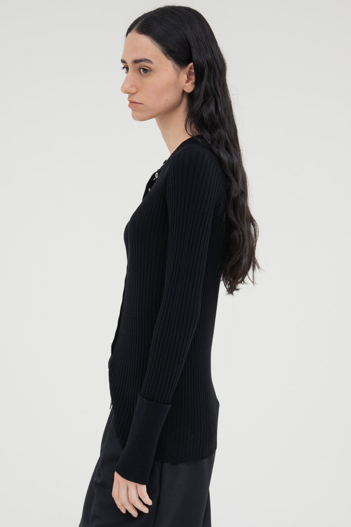 Long Sleeve Rib Cardigan / Black