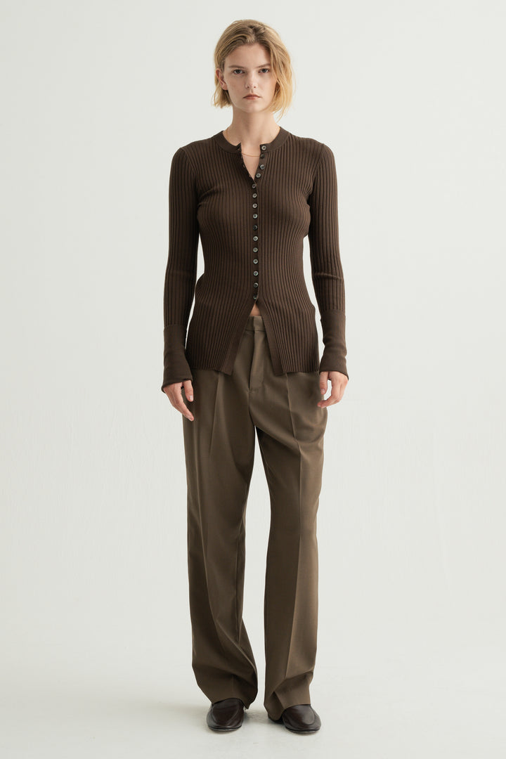 Long Sleeve Rib Cardigan / Brown