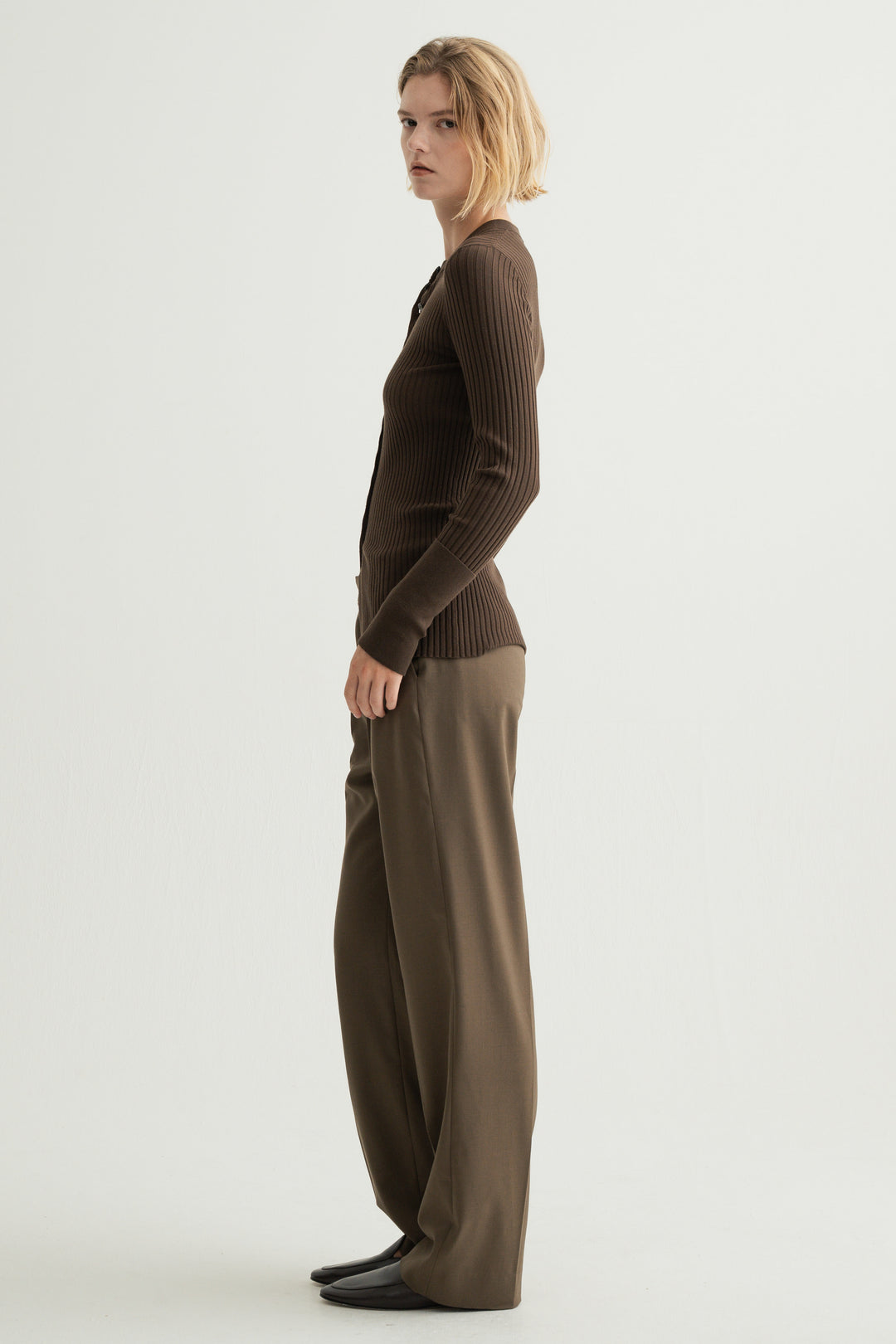 Long Sleeve Rib Cardigan / Brown