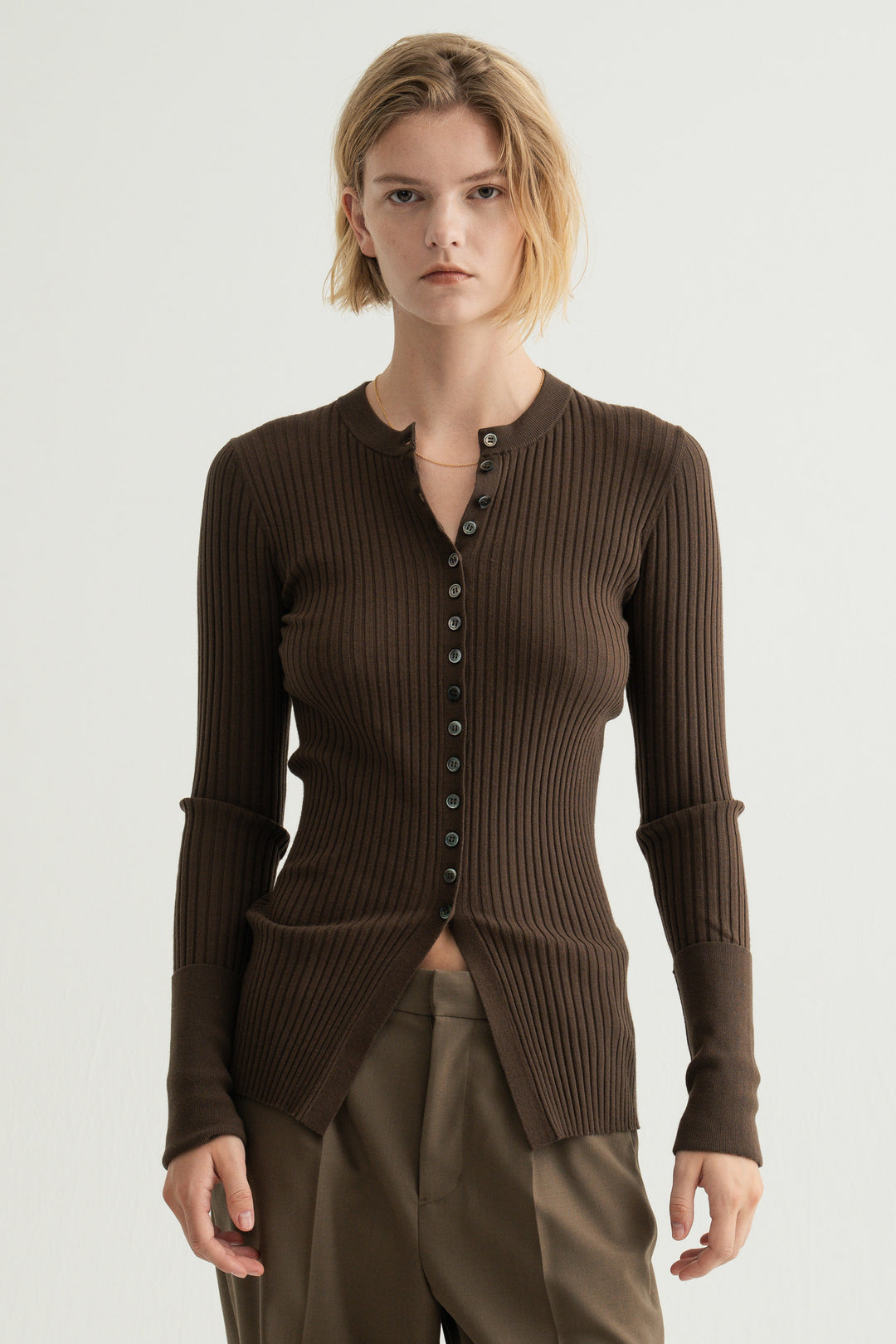 Long Sleeve Rib Cardigan / Brown