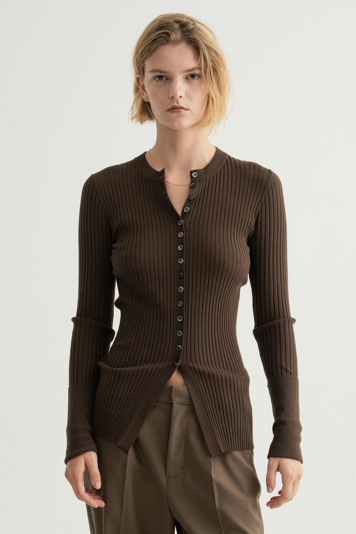 Long Sleeve Rib Cardigan / Brown