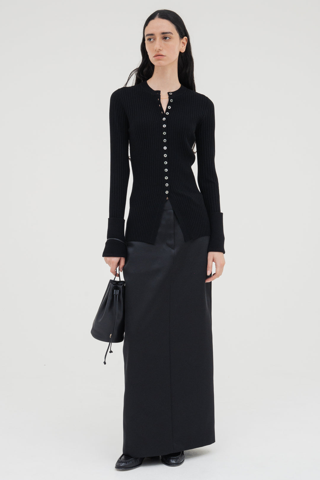Long Sleeve Rib Cardigan / Black