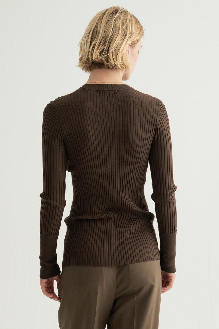Long Sleeve Rib Cardigan / Brown