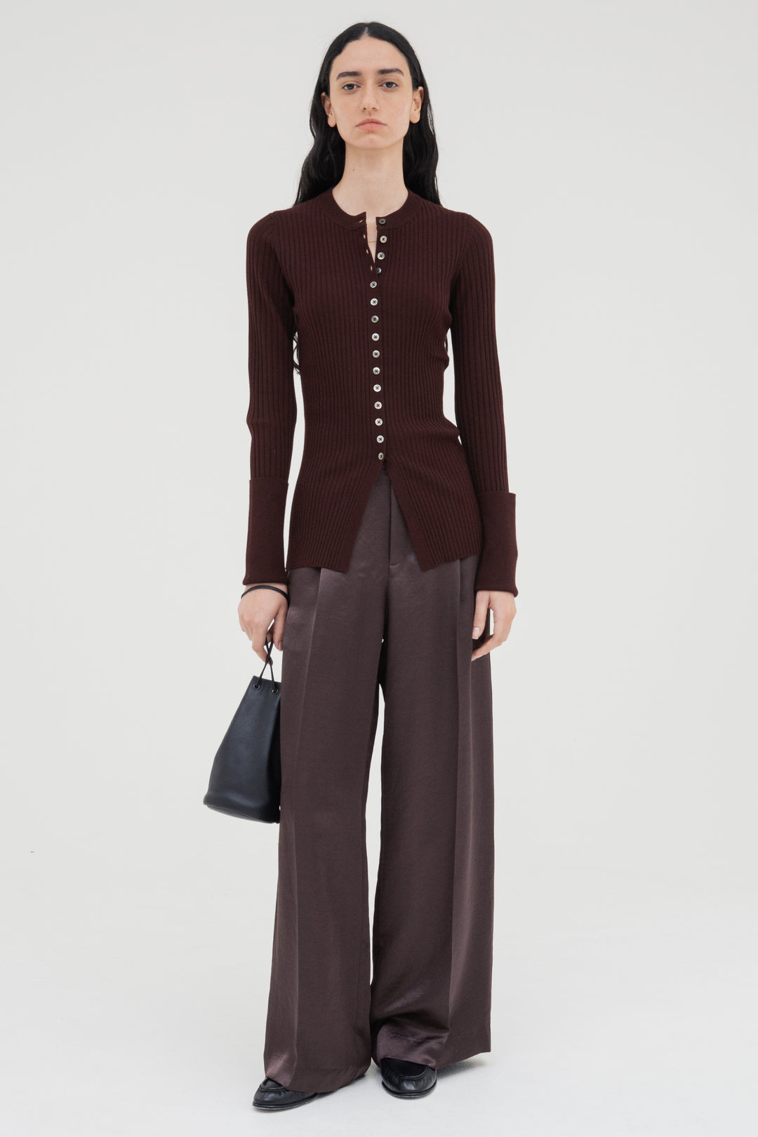 Long Sleeve Rib Cardigan / Burgundy