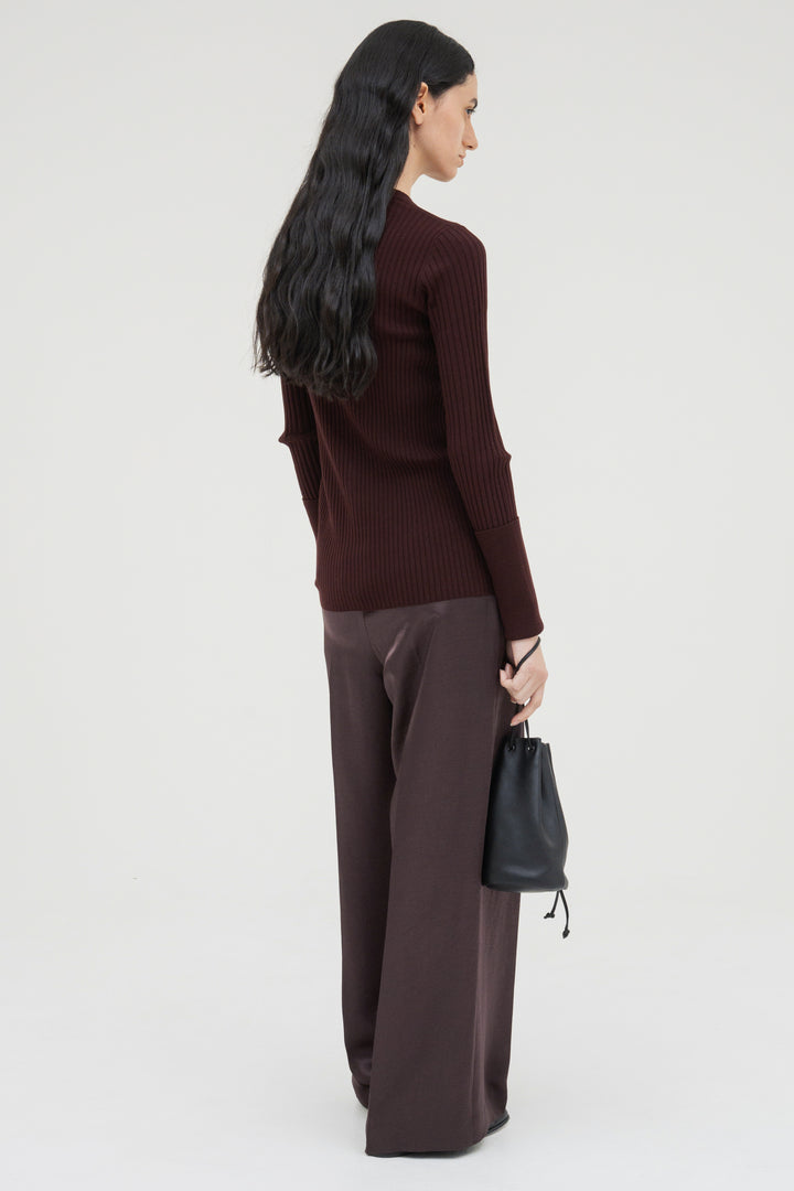 Long Sleeve Rib Cardigan / Burgundy