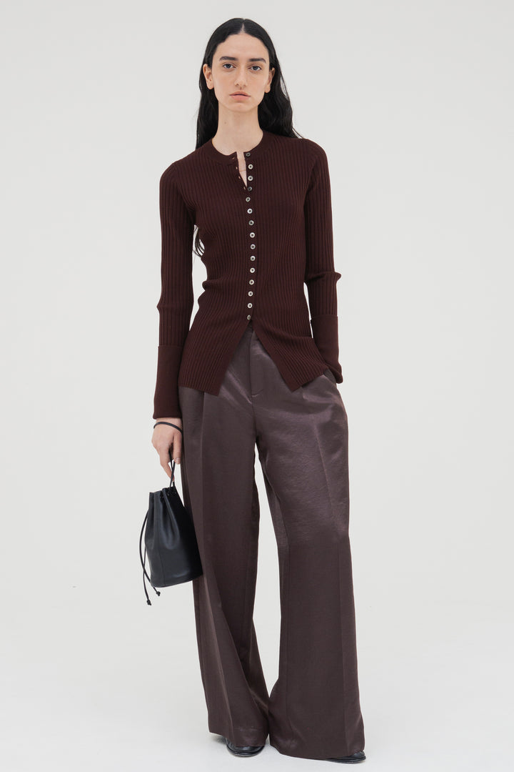 Long Sleeve Rib Cardigan / Burgundy
