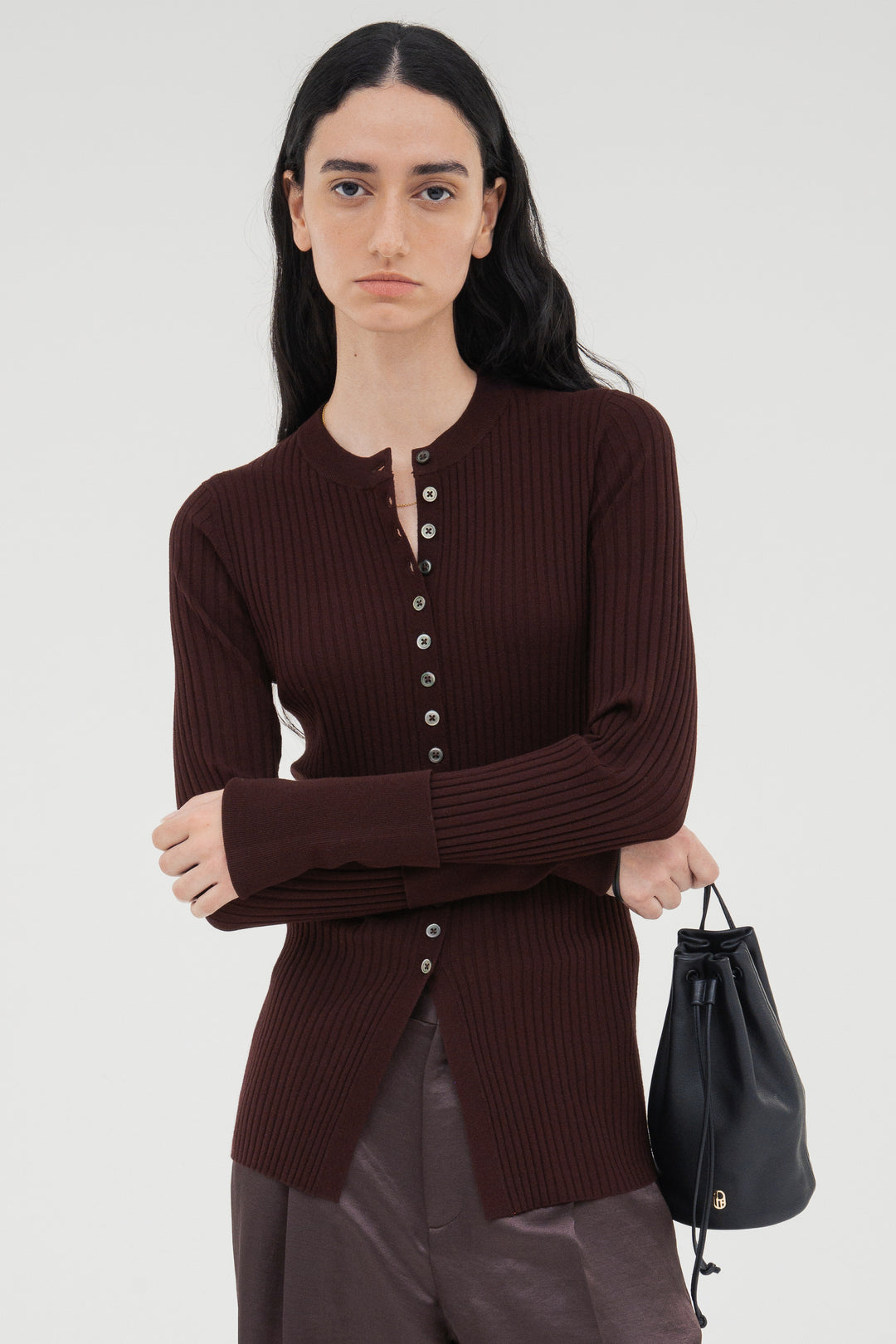 Long Sleeve Rib Cardigan / Black