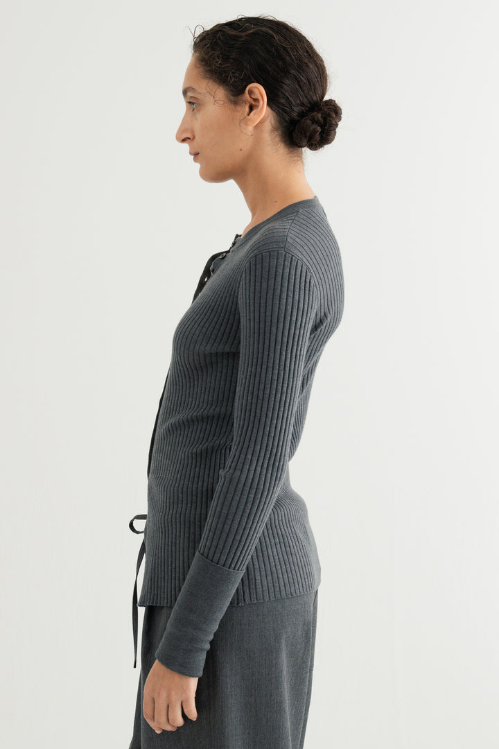 Wool Silk Long Sleeve Cardigan / Black