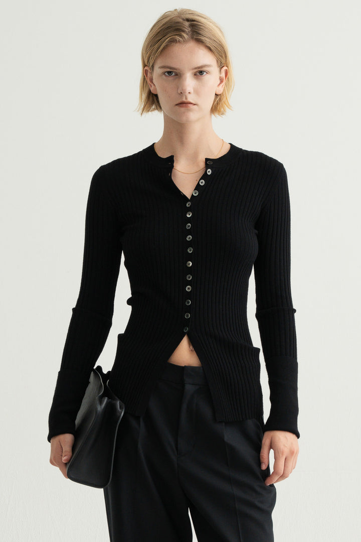 Long Sleeve Rib Cardigan / Black